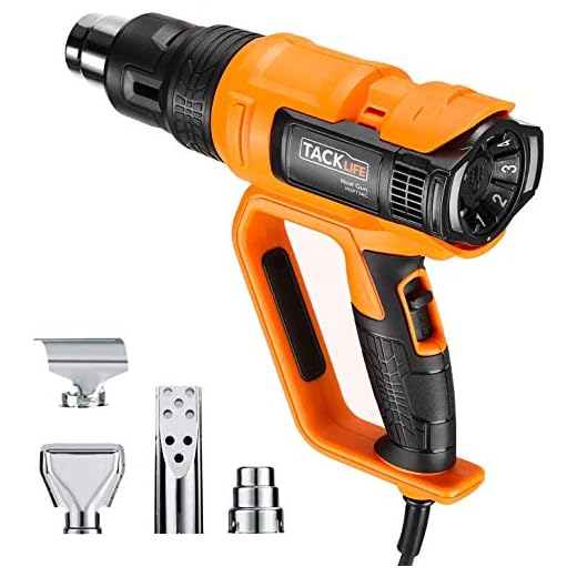 Heat Gun, Tacklife 122℉~1112℉(50℃~600℃) Precision Control Temperature by Adjustment Dial with Three Temp-settings, Four Nozzle Attachments for Removing Paint, Bending Pipes, Shrinking PVC-HGP73AC