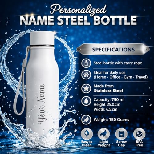 Image of Giftana Personalized Name Water Bottle 750ml, Birthday Gifts (White 3)
