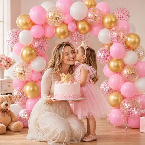 Image of Balloons Pink Gold Confetti, 60 Packs 12 Inch Pink White Metallic Gold Balloon for Girls Birthday Wedding Bridal Baby Shower Princess Party Decorations
