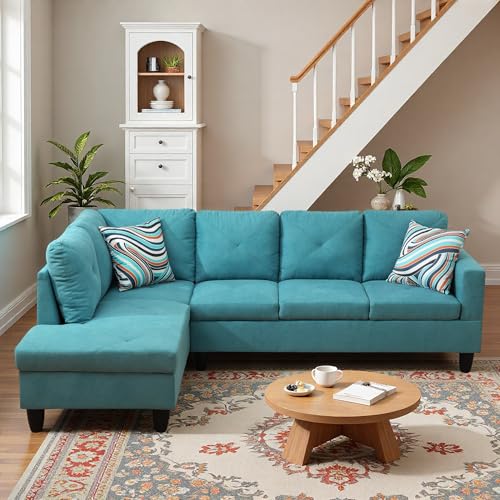 Image of L-Shaped Sectional Sofa, Modern 4-Seat Couch with Left Facing Chaise, Sectional Couch for Living Room, Apartment, Office, Blue