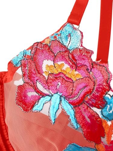 Image of Lilosy Sexy Leaf Floral Embroidered Mesh Sheer Women Underwire Push Up Lingerie Set