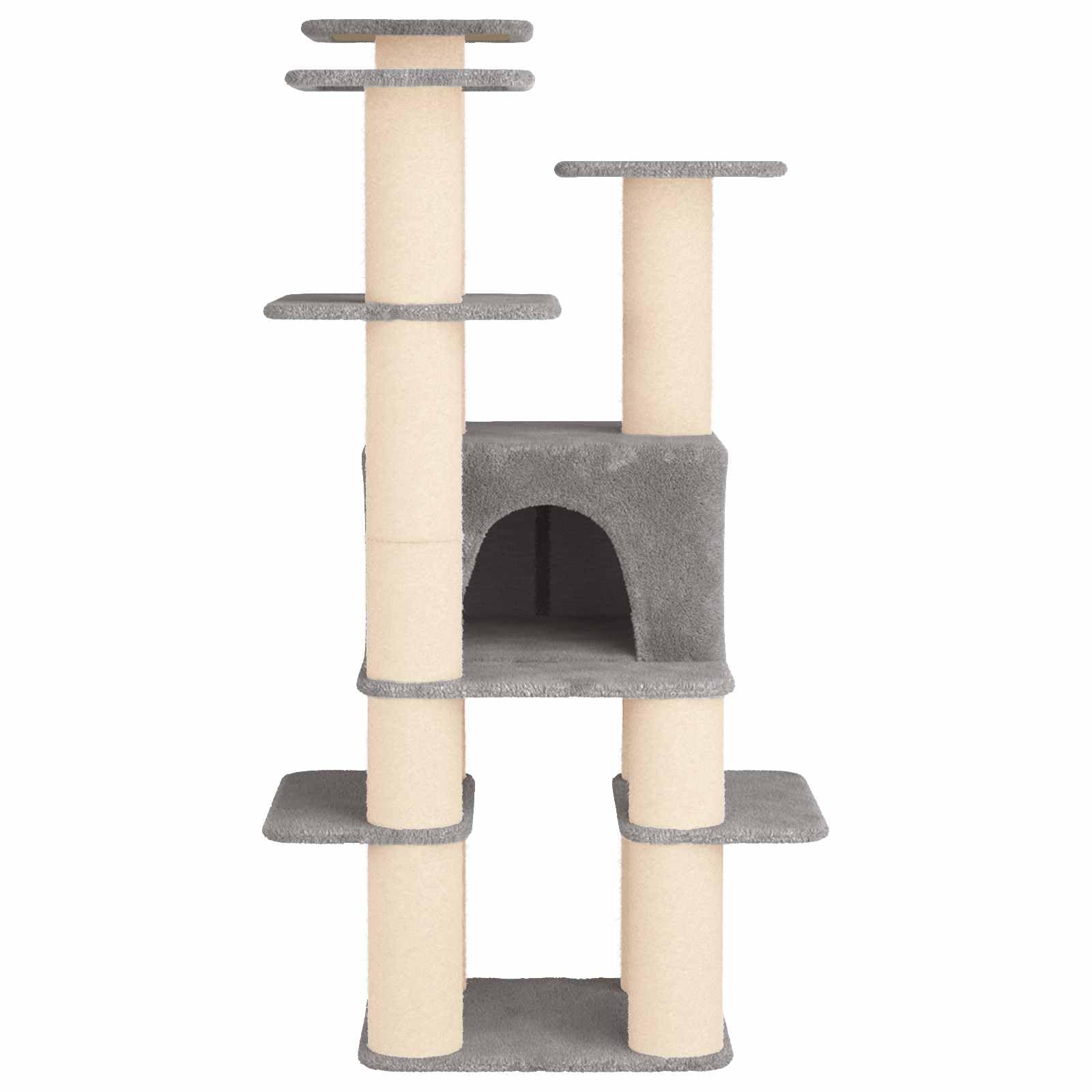 Árbol rascador de 161 cm, color gris claro, con cueva y tronco de sisal | Árbol rascador para gatos de varios niveles hecho de madera y felpa. Parque infantil ideal para la sala de estar.