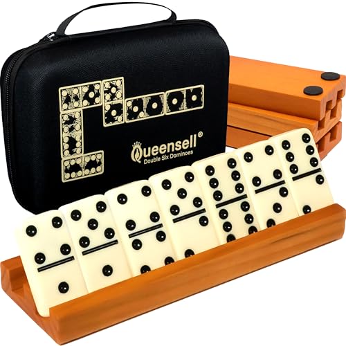 Queensell Dominos Set for Adults with 4 Domino Racks - Double 6 Dominoes Set with Domino Holder, Classic Board Games for Kids and Adults - Double Six...