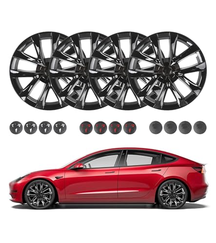PM Auto Set of 4 Gloss Black Snap On Hubcap Wheel Rim Skin Covers for 2017-2023 Tesla 3 18 inch Wheel Except Highland