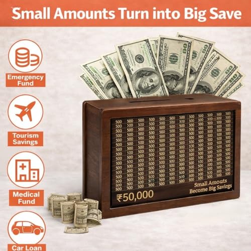 Image of PulGos 50k Wooden Money Saving Box with Marker, Goal Counter Piggy Bank