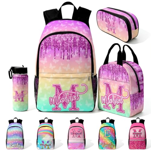 Image of Custom Backpack for Girls Personalized Kids Backpacks Back to School Set | Kid Customized Toddler Girl Backpack with Lunch Bag Book Bag Kindergarten Prek Preschool Gifts Rainbow Butterfly