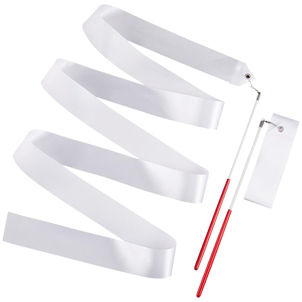 CREATCABIN 2 Pcs 2.04 m Dance Ribbons Rhythmic Gymnastics Ribbon Baton Nylon Twirling Wands on Sticks Training Ribbon for Pretend Play Dance Party Favors Artistic Dancing Talent Shows 80 Inch White