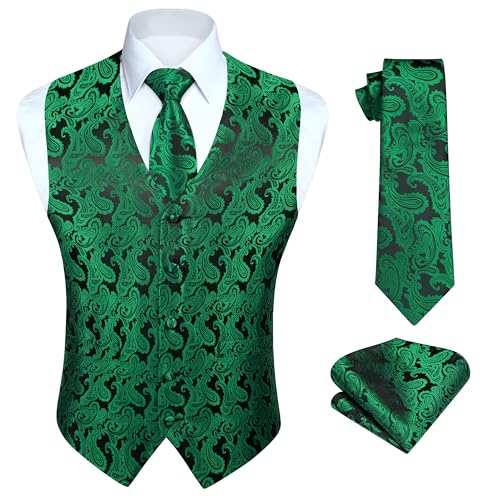 HISDERN Paisley Anzug Weste für Herren Jacquard Floral Hochzeit Party Grün Westen Krawatte Einstecktuch Taschentuch AnzugWesten Set L