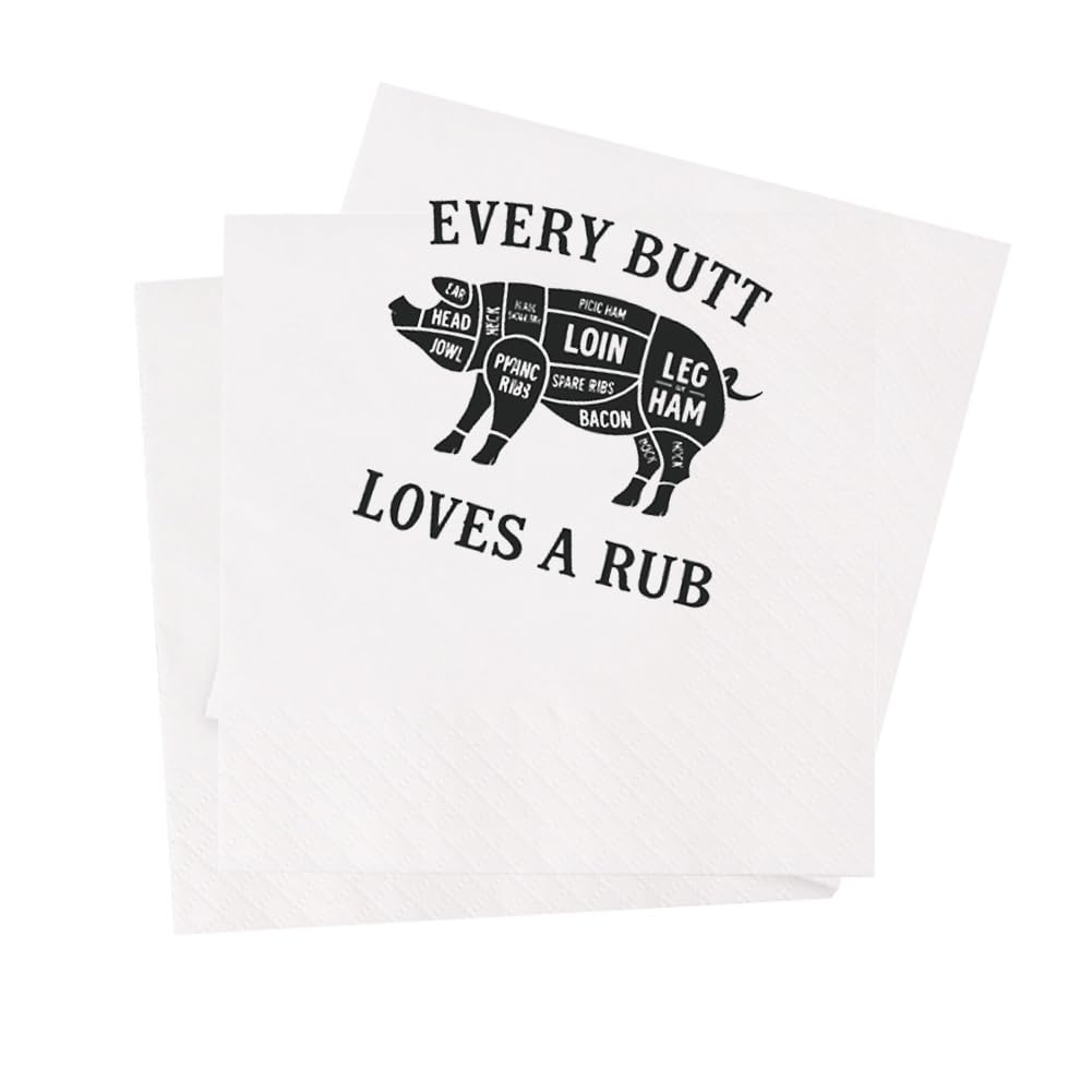 Every Butt Loves A Rub - Servilletas de cóctel con cita divertida para barbacoa, cumpleaños, comida, inauguración de la casa, picnic, festival, fiesta, 100 unidades, 4.5 x 4.5 pulgadas, 2 capas