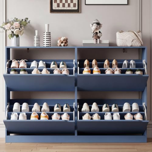 Image of Xixini Shoe Storage Cabinet for Entryway with 4 Flip Drawers, Sturdy Wood Hidden Shoe Storage, Freestanding Narrow Slim Shoe Organizer for Front Door Entrance, Living Room, Hallway, Bedroom, Blue