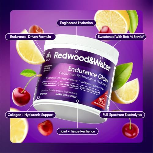 Redwood & Water Endurance Glow Electrolyte Powder | Hydration Drink Mix with Collagen Peptides, Hyaluronic Acid & Electrolytes | Zero Sugar Cherry Lemonade | Running, Cycling & Recovery | 30 Servings - 1