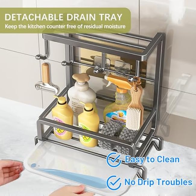 Sponge Holder, Sink Caddy with Brush Holder, Kitchen Sink Organizer with Removable Drip Tray, Multifunctional Dish Rag Holder, Sink Storage Rack for Kitchen Counter
