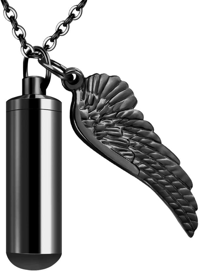 Cylinder Cremation Urn Necklace for Ashes Memorial Keepsake Pendant with Angel Wing Stainless Steel Remembrance Jewelry