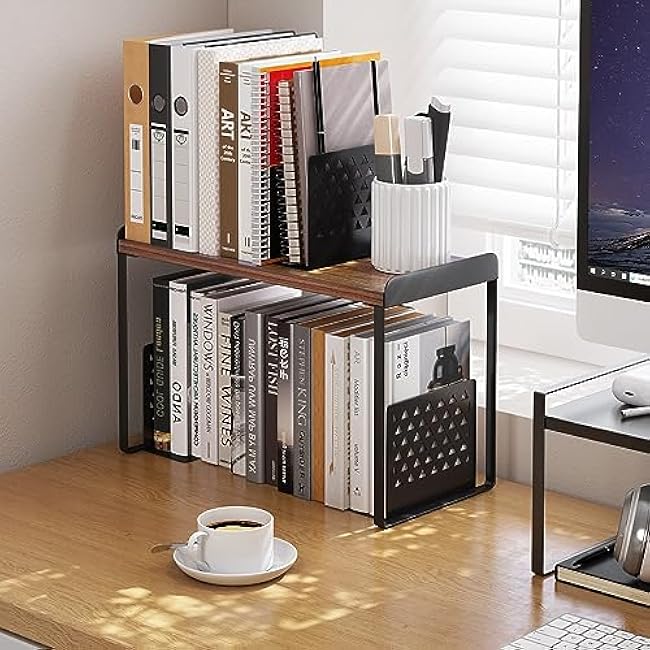 Mitus Large Wood Tiered Shelf Organizer Cabinet Rack, 16 Wide, Walnut Brown Black