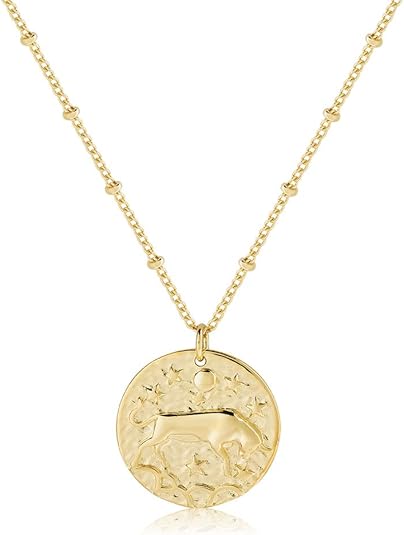 Zodiac Coin Embossed Choker Necklace Disc 12 Constellation Astrology Horoscope 14K Gold Plated Round Pendant Personalized Necklace Gift for Women Men