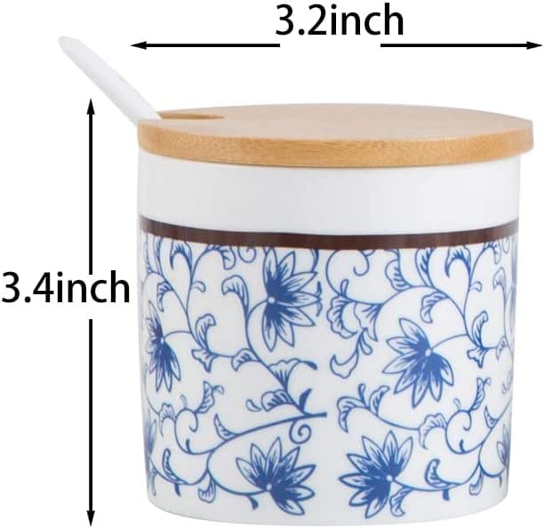 ciotola di zucchero di ceramica, Zuccheriera in ceramica retrò barattolo portaoggetti blu e bianco con coperchio in legno e cucchiaio