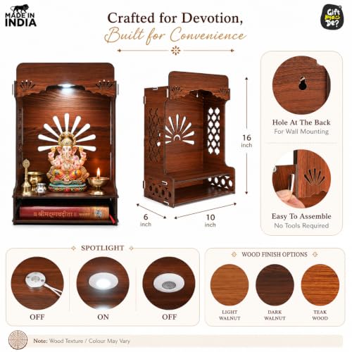 Image of Gift Kya De Wooden Temple for Home | Premium Design Pooja Mandir for Home, Office, Shop with Storage, Can be Used as Pooja Stand for Wall Mounted with LED Spot Light (DIY)(16x10 inch)