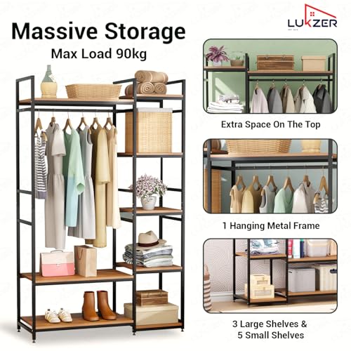 Image of Lukzer Heavy Duty Garment Rack with 8 Shelves & Hanging Rod | Free-Standing Modern Clothes Stand Metal & Engineered Wood Shoe Rack with Adjustable Foot Pads for Living Room - MMR-004 /Black & Oak Brown