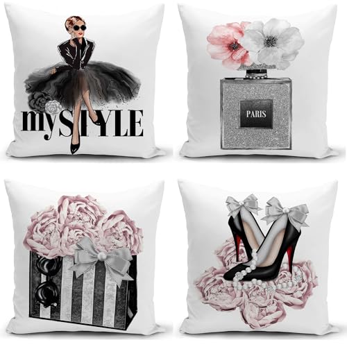 HSINYA Set of 4 18x18 Pink Throw Pillow Covers Couch Bed Decorative Pillow Covers Fashion Girls Silver Perfume Flowers Cute Accent Pillow Covers Bedroom Black White Velvet Pillowcases (Pink and Gray)