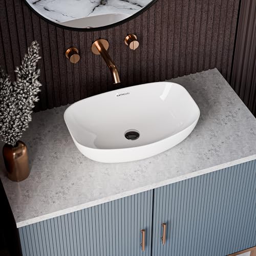 Image of Table Top Ceramic Wash Basin For Bathroom | Rectangular Counter Top Bathroom Sink, Premium Glossy White Above Counter Vanity Basin, Modern Design (18 x 13 x 5.5 Inch)