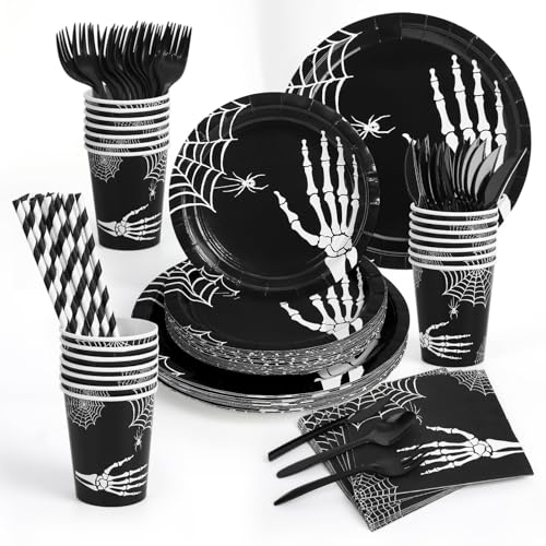 GarveeHome 215 Pcs Halloween Plates and Napkins Set Serve 25, Halloween Hand Bone Disposable Tableware Set, Decorations Includes Plates, Cups, Napkins, Tableware