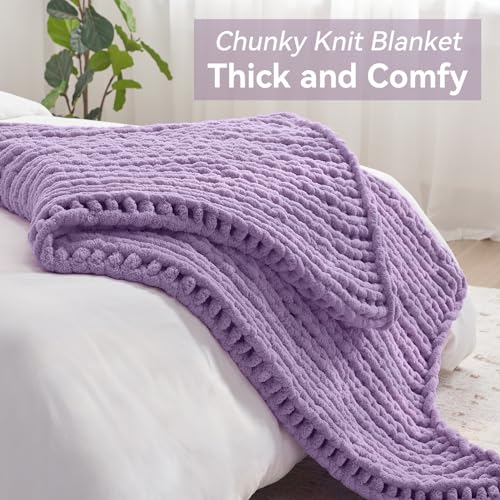 Negwoo Grobstrick-Überwurfdecke, 152,4 x 203,2 cm, Chenille-Garn für Bett, Couch, handgefertigt, hellviolett, gehäkelt, groß, dick… – Ansicht 5