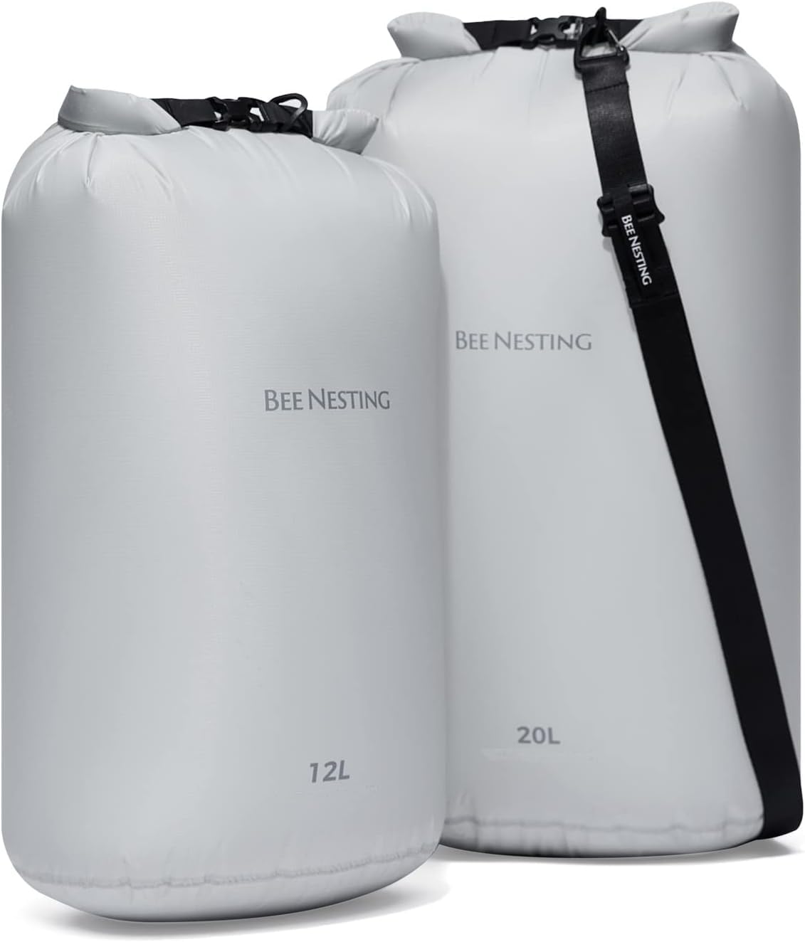 Bee Nesting Juego de Bolsas secas ultraligeras para mochileros, Saco seco Impermeable para Camping, Senderismo, Motocicleta, Juego de 3 Bolsas Ligeras, Gris, 2L 4L 8L Strap, 12 l y 20 l