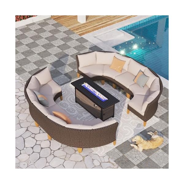   PHI-VILLA-11-Piece-Outdoor-Wicker-Furniture-Set-with-56-Gas-Fire-Pit-Table-Half-Moon-Curved-Patio-Conversation-Waterproof-Rattan-Circle-Sofa-Beige