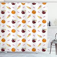 ABAKUHAUS Cartoon Shower Curtain, Doodle Style Illustration of Ice Creams Oranges Apples Caterpillars and Bows, Cloth Fabric Bathroom Decor Set with Hooks, 70 Inches, Multicolor