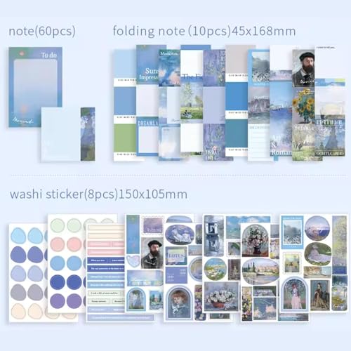 Image of VIBE VISTA Vintage Aesthetic Scrapbook Kit, 346 Pcs, A6 Grid Notebook, Washi , Envelopes, Papers, Folding Labels, Background Papers, Photo Frames, Calendar Stickers (Morning Breeze, Blue)