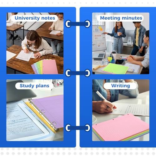 200 Sheets Loose Leaf Binder Paper, Colorful Wide Ruled Paper, 3-Hole Punched Notebook Paper for School Office, 8\" x 10.5”