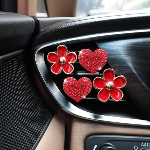 Image of 4PCS Car Air Vent Clips with Fragrance Pads, Red Cute Flower Air Fresheners | Daisy, Heart-Shaped Vent Clip, Car Interior Decor Charm, Car Decor Accessories, for Women and Girls, Interior Aesthetic