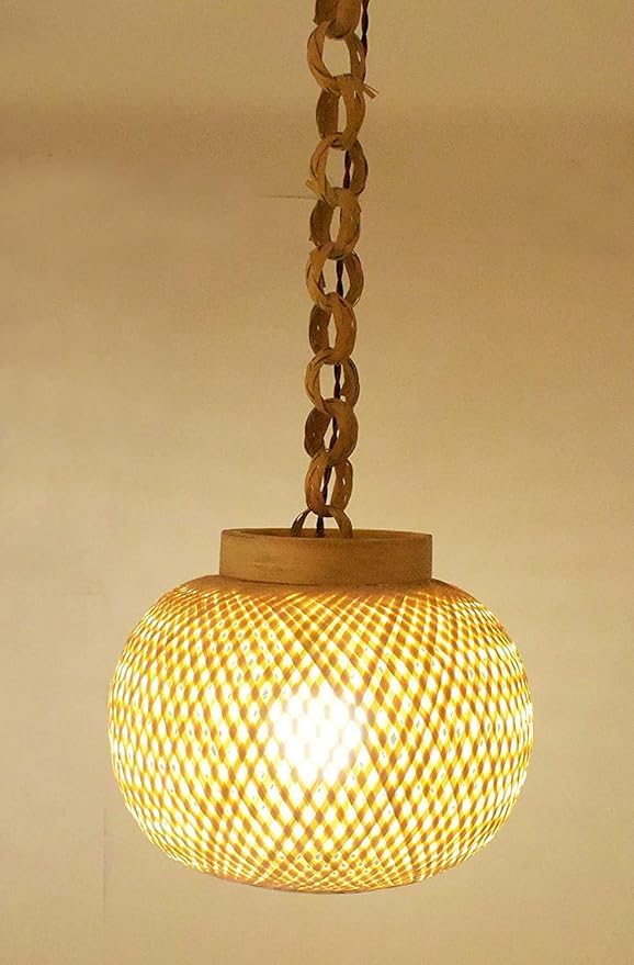 Image of MKS Craftscape Handcrafted Bamboo Hanging Lamp Shade /Cane Pendant Light for Ceiling Decoration | Rustic & Eco-Friendly Hanging Light for Living Room, Bedroom, Home & Cafe /with holder