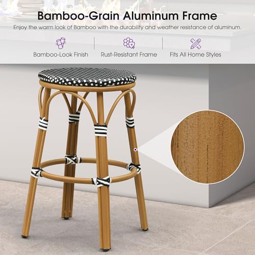 Image of PURPLE LEAF Outdoor French Round 30 inch Bar Stool Set of 2 Oversized Rattan Armless Barstools Bamboo Finish Aluminum Frame Footrest with Handwoven Wicker for Indoor Patio Yard Bistro Black