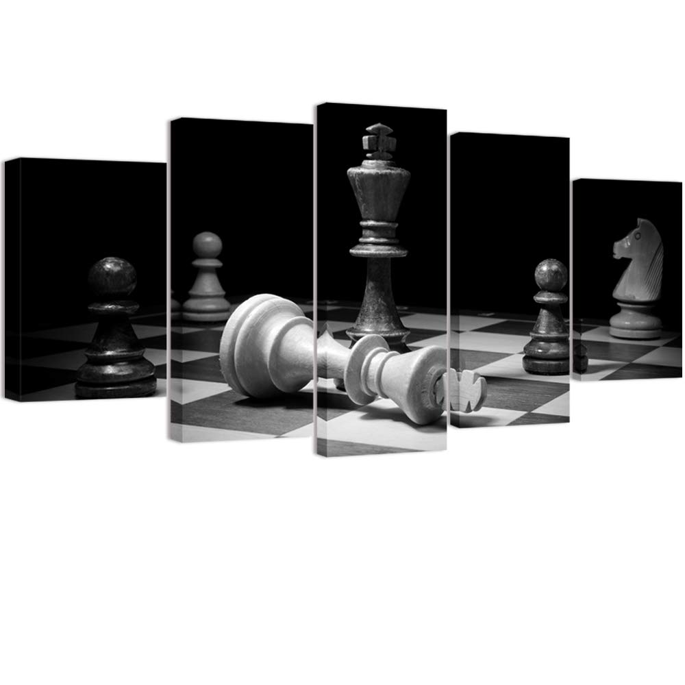 WELMECO Large 5 Pieces Wall Decor Closeup of Checkmate Wooden Chess King Knight Picture Vintage Canvas Prints for Living Room Office Game Room Decor L-60 x H-32 (02 Black White)