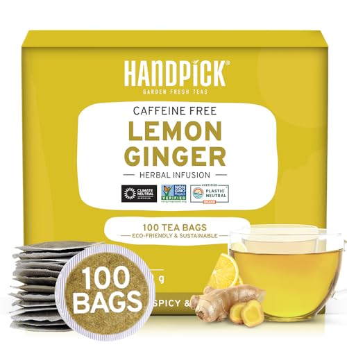 HANDPICK Lemon Ginger Tea Bags (100 Count) Non-GMO Caffeine Free – Premium Quality Eco-conscious Round Bags
