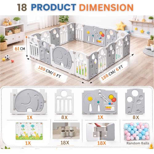 Image of 18 panel Playpen for Babies upto 5 year with Mat and Balls Foldable Baby Play Area Indoor Setup Play Yard Fence for Toddlers Kids Playarea Setup Outdoor Children Play Pen with Gate Baby Playpen (6*6 FT=36 SQFT Grey)
