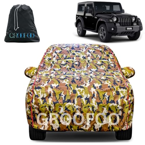 Image of GROOFOO Waterproof Car Body Cover with Mirror Pockets Compatible with Mahindra Thar | Triple Stitch Blue Piping Car Cover UV & Dust Proof All-Weather Protection, Adjustable Buckle (Army and Red)