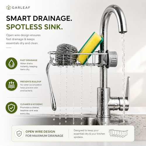 Image of Faucet Mounted Sponge Holder for Kitchen Sink - Stainless Steel Tap Storage Rack Organizer | Adjustable Clamp Basket for Scrubber, Soap, Dishwashing Accessories | Kitchen Sink Organiser