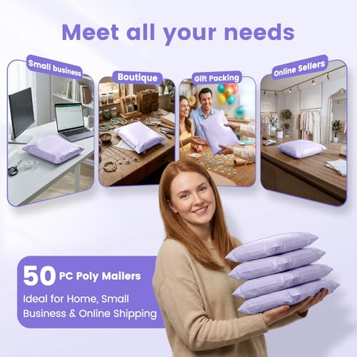 Image of Metronic Poly Mailers 10x13 50 Pack, Shipping Bags for Small Business, Waterproof Weather Resistant & Tear Resistant Durable Self Seal Mailing Envelopes Packaging bags for Clothing,Lilac Purple