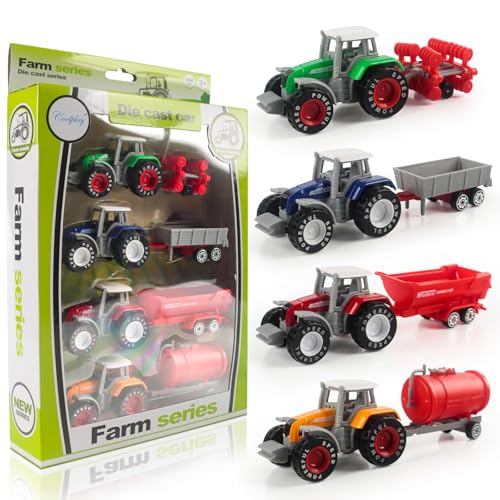 TIVUNORON 4 Stück Mini Traktor Spielzeugautos, Set Traktor mit Frontlader, Abnehmbares Heck Traktor Spielzeug mit Anhänger für Kinder