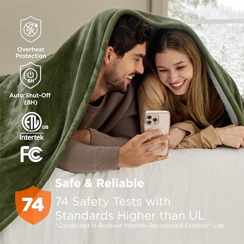 Image of Bedsure Heated Blanket King Size, Dual Control Electric Blanket, Green | Preheat Function,6 Heat /6 Timer Settings, 8H Auto Shut-Off, ETL /FCC, Soft Flannel Sherpa, Machine Washable, 84x90in