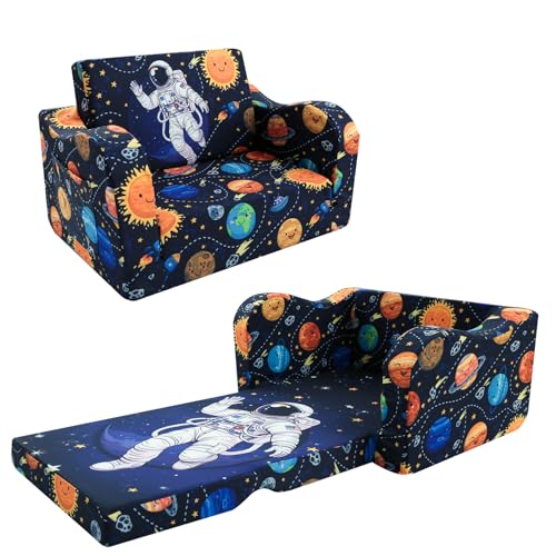 MeMoreCool Kindercouch Kindersofa Ausklappbar, 3-in-1-Kinder Sofa mit Schlaffunktion, Fancy Spielsofa, einen aufregenden Indoor-Spielplatz für das Kinderzimmer, Weltraum Astronaut