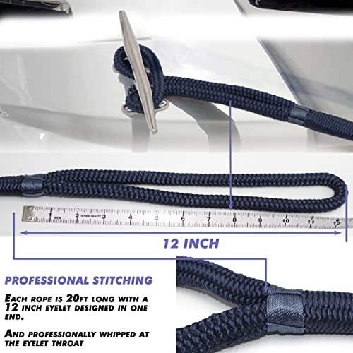 Innocedear Double-Braided Nylon Dock Line-1/2 X 20' (Eyelet: 12 Inch, 4 Pack Navy Blue,Professional Boat Rope).Hi-Performance Marine Boats Mooring Rope Dock Line #TOP2