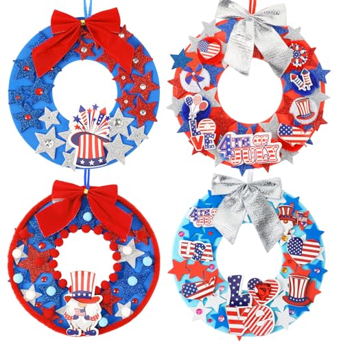 BOARDFEB 12 Sets 4th of July Crafts Kits DIY Patriotic Red White Blue Star Foam Wreath Signs Ornaments for Kids Independence Day Party Favors Gift Exchange Activities