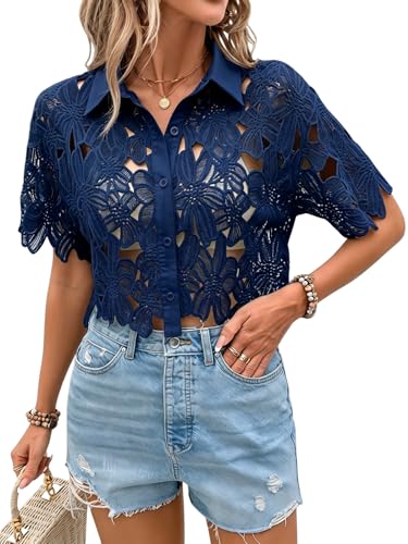SOLY HUX Women's Floral Lace Cropped Blouses Hollow Out Crop Tops