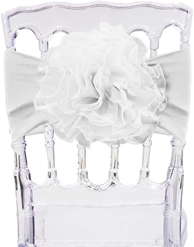 Sfn 2 Pcs White Flower Chair Sashes Chair Spandex Bands Bows Tie For Wedding Banquet Birthday Party Events Hotel Decoration #TOP1