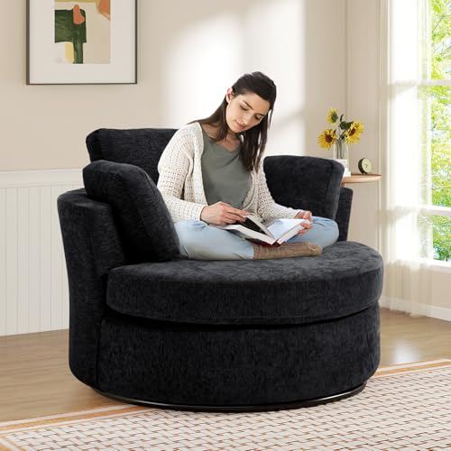 Oversized Swivel Accent Barrel Chair, 42'' W Chenille Upholstered Comfy