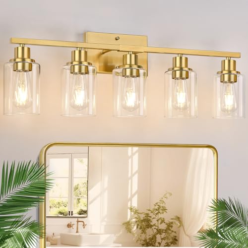 Image of Indoi 5-Light Bathroom Light Fixtures, Brushed Gold Modern Vanity Lights with Clear Glass Shades, Bathroom Wall Lamp for Mirror Living Room Cabinet Bedroom Porch