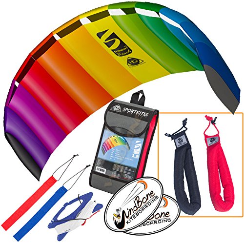 HQ Symphony Beach III 1.8 Kite Rainbow Bundle (3 Items) + Peter Lynn Heavy Duty Padded Kite Control Strap Handles Pair + WindBone Kiteboarding Decals